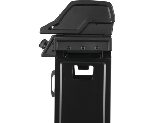 Svart gasolgrill med lock och förvaringsutrymme