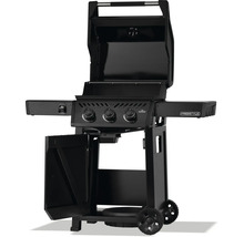Svart Napoleon Freestyle gasolgrill med tre brännare, öppen huv och sidobord.