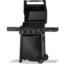 Svart gasolgrill med tre brännare, förvaringsutrymme och hjul