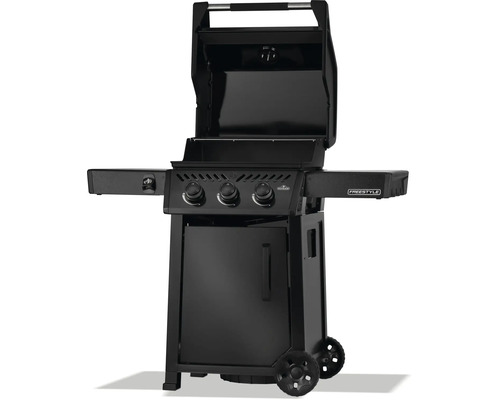 Svart gasolgrill med tre brännare, förvaringsutrymme och hjul