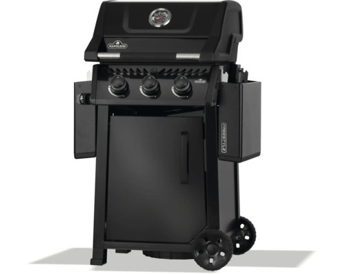 Svart gasolgrill med termometer på locket och hjul för enkel transport