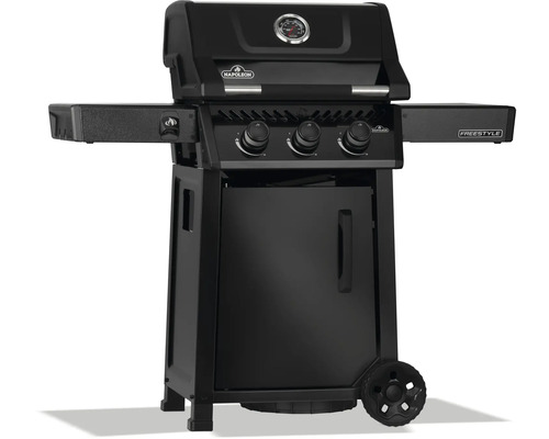 Svart Napoleon Freestyle gasolgrill med tre brännare, temperaturmätare och sidobord.