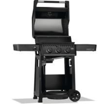 Svart gasolgrill med öppet lock, tre reglage och sidobord.
