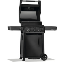 Svart gasolgrill med öppet lock, kontrollknappar och sidobord.