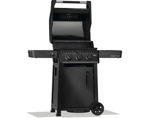 Svart gasolgrill med öppet lock, kontrollknappar och sidobord.