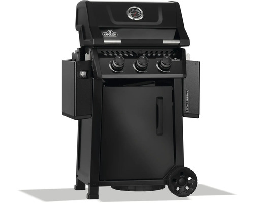 Svart Napoleon gasolgrill med tre brännare, termometer och sidohylla