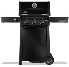 Svart Napoleon gasolgrill med tre brännare, temperaturdisplay och hjul