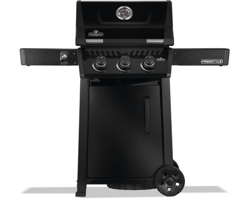 Svart Napoleon gasolgrill med tre brännare, temperaturdisplay och hjul