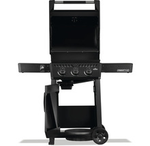 Fristående gasolgrill med öppet lock och tre kontrollknappar