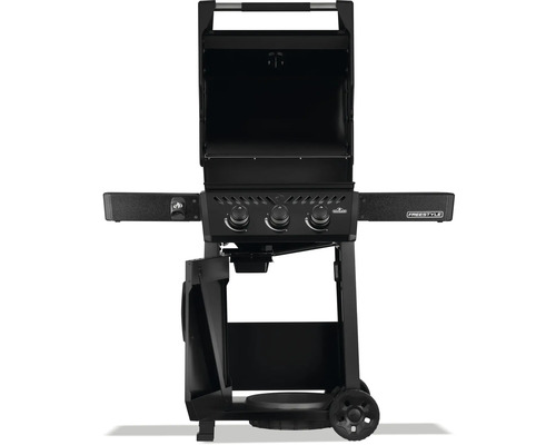 Fristående gasolgrill med öppet lock och tre kontrollknappar