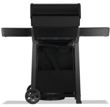 Svart grill med förvaringsutrymmen och hjul.
