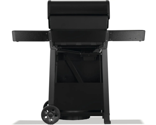 Svart grill med förvaringsutrymmen och hjul.