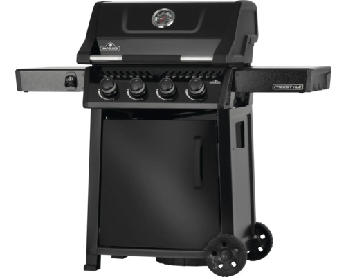 Svart Napoleon Freestyle gasolgrill med fyra brännare och sidobord.