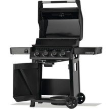 Svart gasolgrill med fyra brännare, sidobord och underskåp för utomhusbruk.