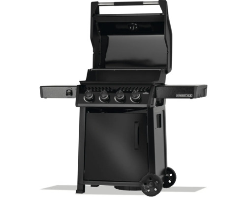 Svart gasolgrill med fyra brännare och sidobord