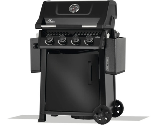 Svart Napoleon Freestyle gasolgrill med fyra brännare, termometer och förvaringsutrymme