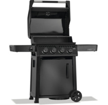 Svart gasolgrill med öppen huv, fyra kontrollknappar och sidobord