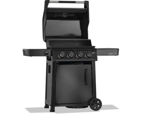 Svart gasolgrill med öppen huv, fyra kontrollknappar och sidobord