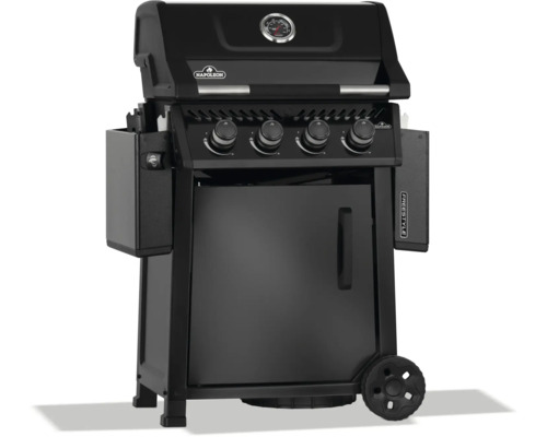 Svart gasolgrill med fyra brännare och hjul