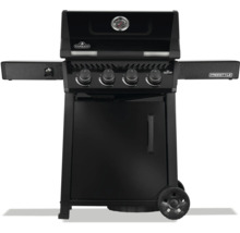 Svart Napoleon Freestyle gasolgrill med fyra brännare, termometer och sidobord.