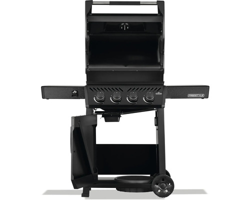 Svart gasolgrill med fyra brännare, sidobord och hjul.