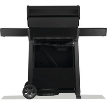 Svart grillvagn med förvaringsutrymme och hjul.