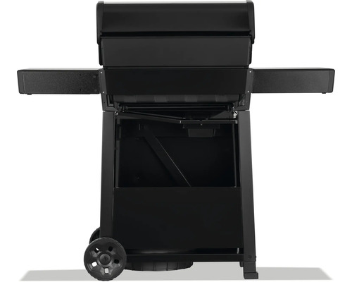 Svart grillvagn med förvaringsutrymme och hjul.
