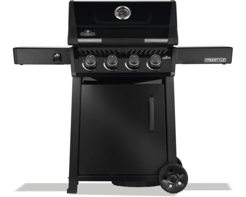 Svart gasolgrill med fyra brännare och termometer