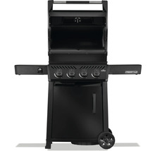 Fristående gasolgrill med fyra brännare, avlastningsytor och underskåp.