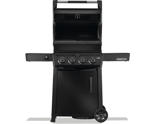 Fristående gasolgrill med fyra brännare, avlastningsytor och underskåp.