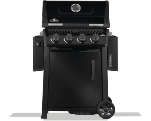 Svart Napoleon gasolgrill med fyra brännare, termometer, sidobord och underskåp