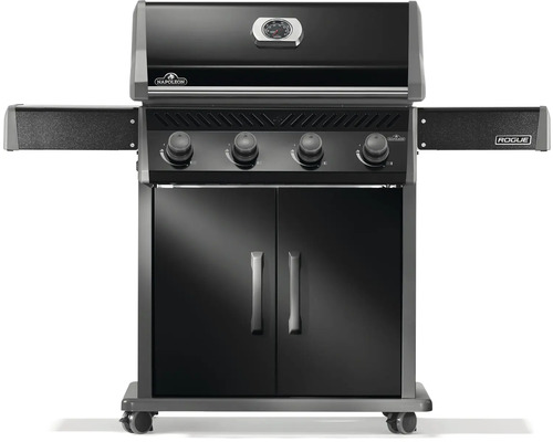Svart Napoleon gasolgrill med fyra brännare, sidobord och underskåp