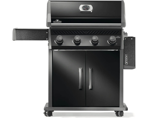 Svart Napoleon gasolgrill med sidobord och underskåp