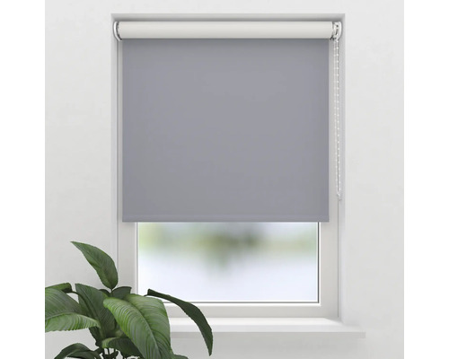 Grå rullgardin på fönstret med växter i rummet