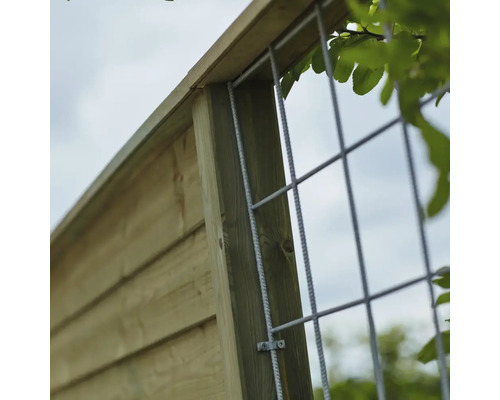 Detaljvy av ett stängselelement med spaljé av metallnät