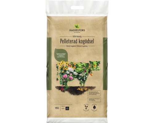 Kogödsel HASSELFORS GARDEN pelleterad 15L Förpackning pelleterad kogödsel från Hasselfors Garden, 15 liter, lämplig för alla trädgårdsväxter