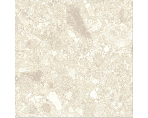 Närbild av en golvplatta med terrazzo-utseende