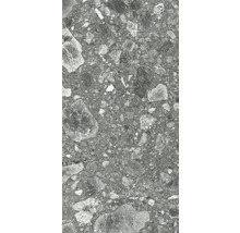 Närbild av en grå keramisk platta med sten dekor