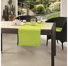 Matbord med bordslöpare, porslin och trädgårdsutsikt