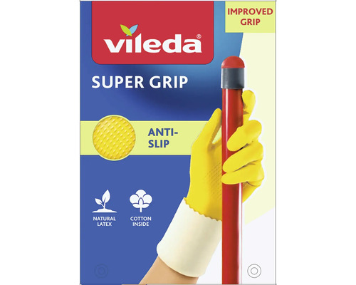 Vileda Super Grip hushållshandskar med förbättrat grepp, halkskydd, naturlatex och bomullsfoder