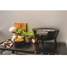 Elektrisk grill på ett bord med växter och citrusskal