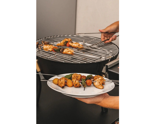 Grill med kycklingspett och grönsaker på en tallrik