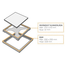 Sprängskiss av en kakelinstallationsram med måtten 170 x 170 millimeter och en ram med måtten 200 x 200 millimeter.