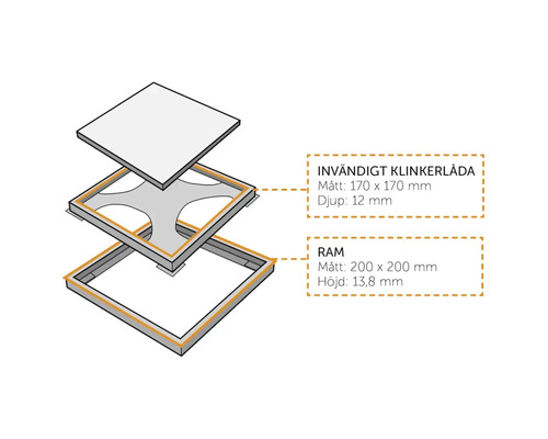 Sprängskiss av en kakelinstallationsram med måtten 170 x 170 millimeter och en ram med måtten 200 x 200 millimeter.
