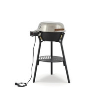 Elektrisk klotgrill på stativ med förvaringsgaller.