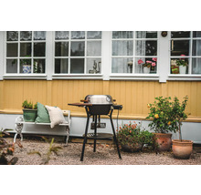 Utomhusscen med grill, bänk och krukväxter framför ett hus