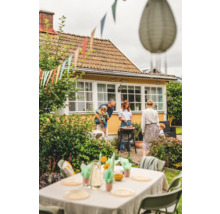 Familjebarbecue i trädgården med grill, bord och dekoration