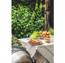 Grillscen med grill, spett, sallad och bröd på ett trädgårdsbord