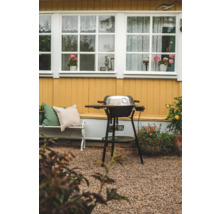 Klotgrill i trädgården framför ett hus med vita fönster och gul fasad.