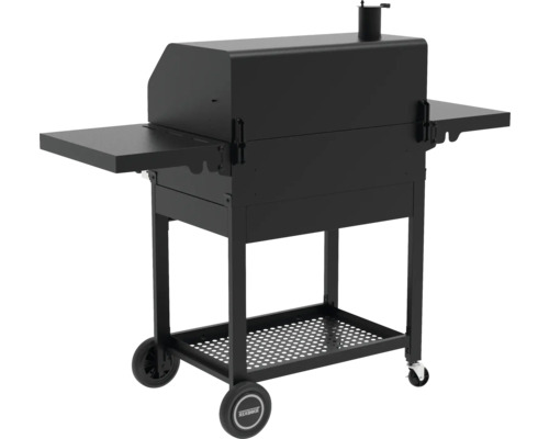 Svart kolgrill med hyllor och hjul